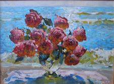 Картина, натюрморт, масло: "Розы и Море"